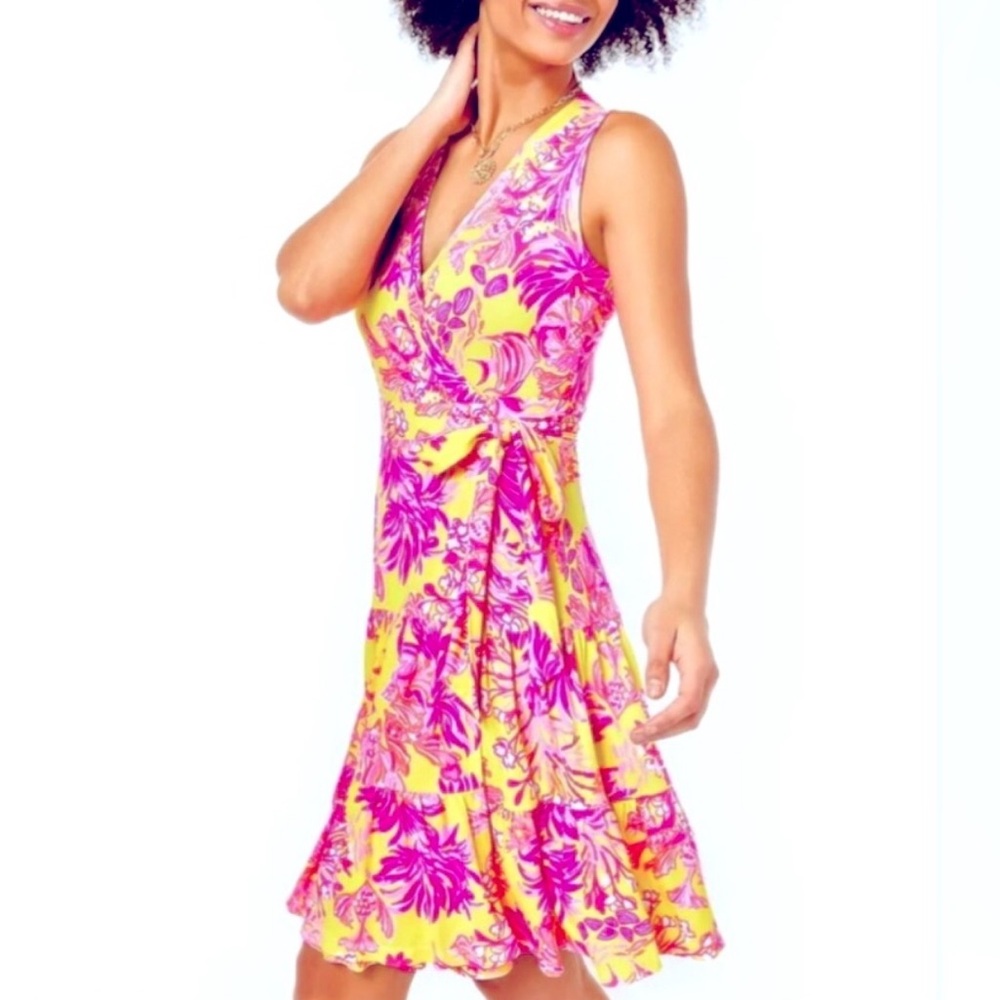 Lilly Pulitzer”Folly Floral Wrap Dress”, in Calla Yellow. 
Floral Coral